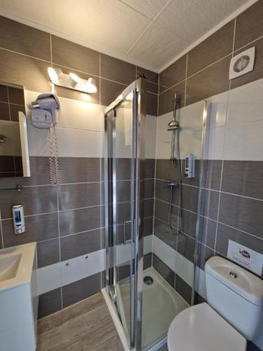 a bathroom with a shower and a toilet and a sink at Le Cosy in Saint-Aygulf