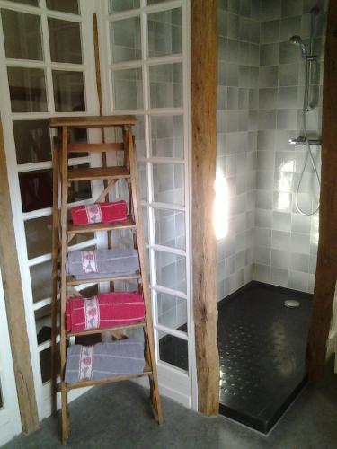 La salle de bains est pourvue d'une échelle et de serviettes. dans l'établissement Domaine de Collen, à Lépine