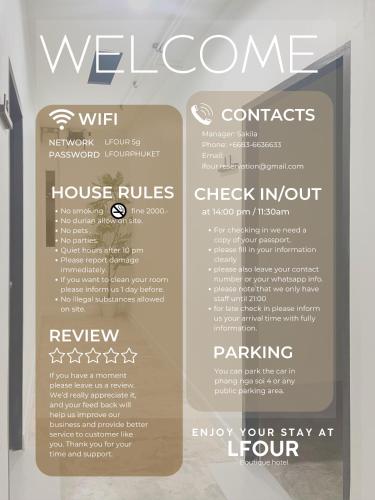 a sign that says welcome to a house rules at Lfour phuket in Phuket Town