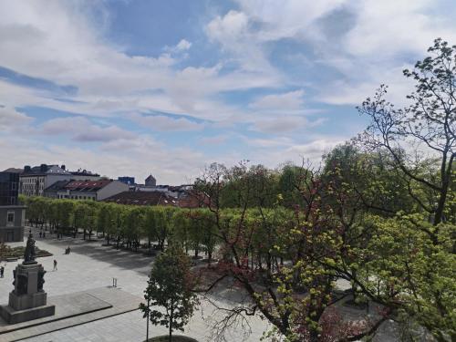 a view of a park with trees and buildings at Heart of Kaunas Apartament in Kaunas