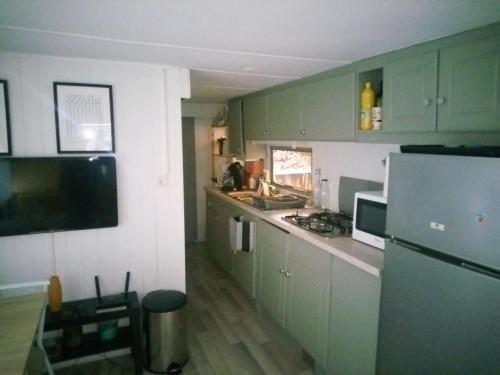 a kitchen with green cabinets and a refrigerator at camping la lande in Mimizan