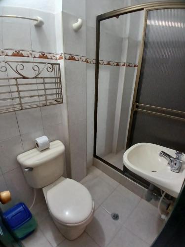 a bathroom with a toilet and a shower and a sink at HOTEL El CORZO DE LA VILLA in Villa de Leyva