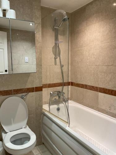 a bathroom with a toilet and a tub with a shower at 2 Bedroom Flat with 24 7 security and concierge in London