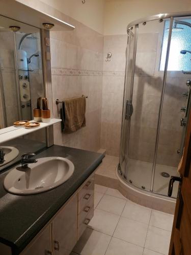 une salle de bain avec un lavabo et une douche dans l'établissement L'idéal entre centre ville, mer et colline, à Toulon