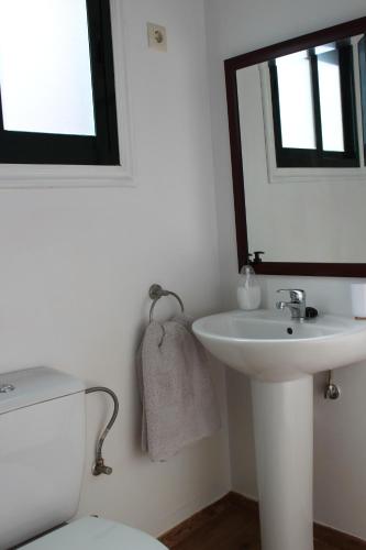 a bathroom with a sink and a mirror and a toilet at A Broula Casa con piscina in Cangas de Morrazo