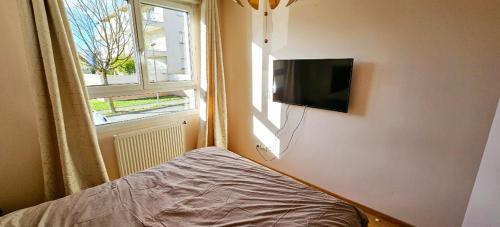 une chambre avec un lit et une télévision sur un mur dans l'établissement Appartement entier avec terrasse, à Eybens