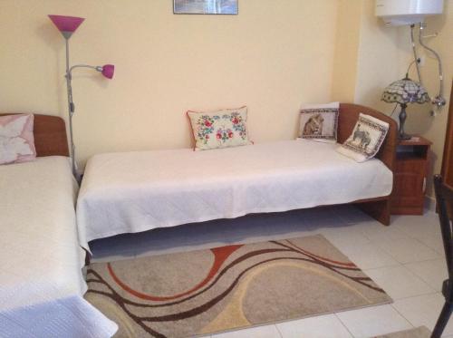 2 camas individuales en una habitación con alfombra en Galagonyás apartman, en Eger