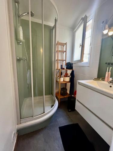 une salle de bain avec douche et lavabo dans l'établissement Quiet apartment and sea view, à Bandol