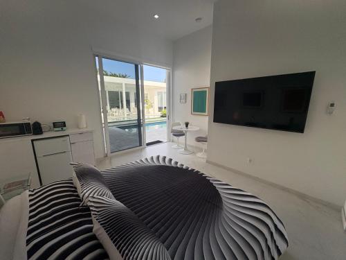 a living room with a couch and a flat screen tv at Men only clothing option guesthouse near Wilton Manors in Fort Lauderdale