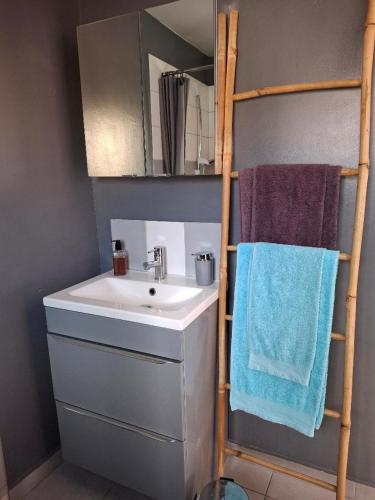 La salle de bains est pourvue d'un lavabo et d'une serviette sur une échelle. dans l'établissement Le studio perché, à Carcassonne