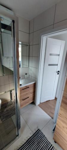 a bathroom with a shower and a sink and a door at Herada Domek 1 in Jastarnia