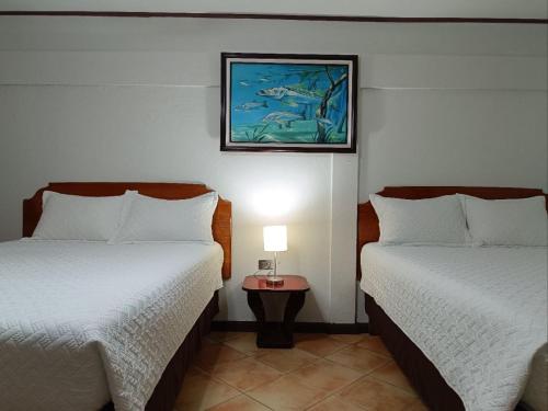 a room with two beds and a picture on the wall at Banana Bay Marina in Golfito