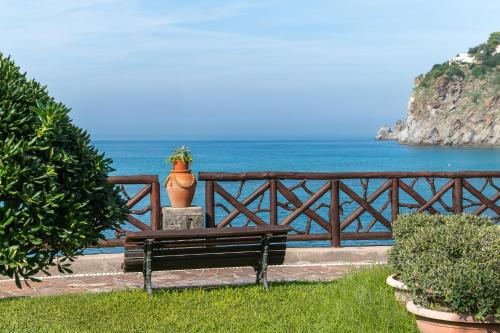 a wooden bench sitting in front of the ocean at Hotel Terme Tritone Resort & Spa in Ischia