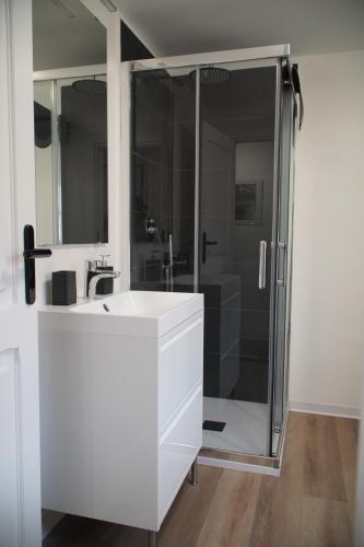 a bathroom with a white sink and a shower at Hulu 2 in Savona