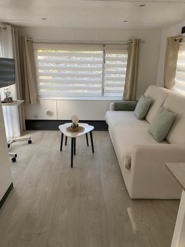 a living room with a white couch and a table at Bungalow cosy varois avec piscine soleil calme et nature in Pourrières