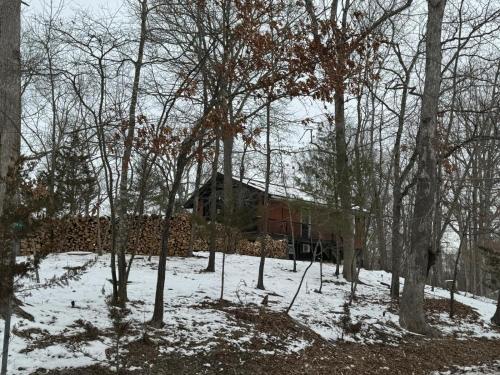 a house in the woods with snow on the ground at Modern Retreat Poconos 3BR Fire Pit Skiing in East Stroudsburg