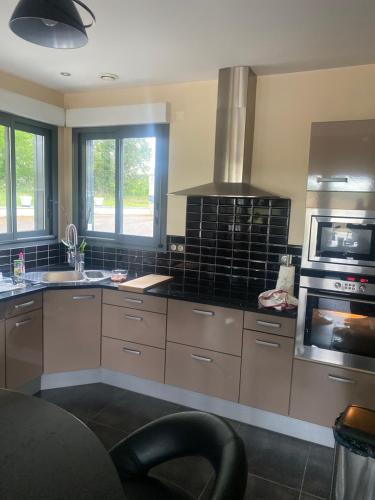 - une cuisine équipée d'appareils électroménagers en acier inoxydable et d'une cuisinière dans l'établissement Villa moderne, à Monfort