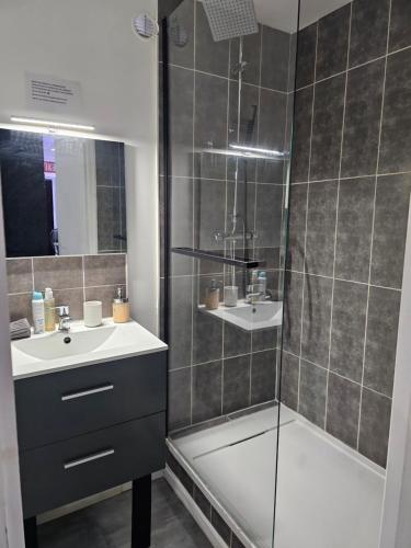 a bathroom with a shower and a sink at 1988 NEW YORK Baignoire ilot et video projecteur in Seyssinet-Pariset