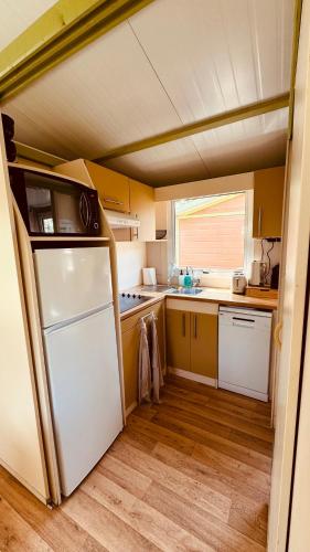 une petite cuisine avec un réfrigérateur et un évier dans l'établissement Chalet bord de mer climatisé, à Sorbo-Ocagnano