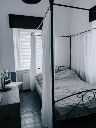 a bedroom with a canopy bed and a window at Sowa Loft in Zagórze Śląskie