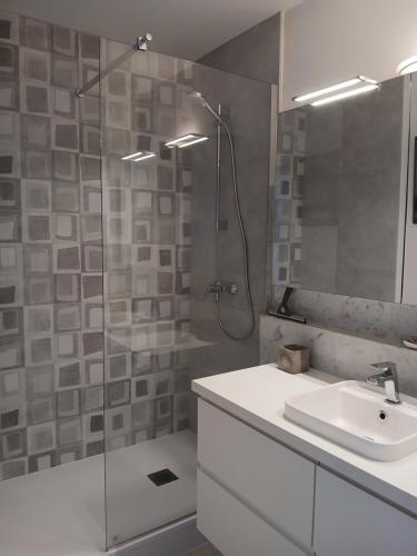 une salle de bain avec une douche avec un lavabo et une douche dans l'établissement Appartement Entre port et mer haut standing, à La Grande Motte