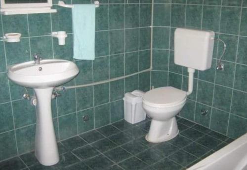 奥赫里德Guest house Kiko的配有马桶和水槽的绿色瓷砖浴室
