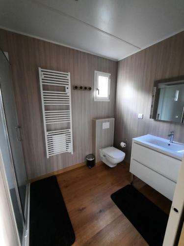 une salle de bain avec un lavabo et des toilettes et une fenêtre dans l'établissement Green cube, à Sornac