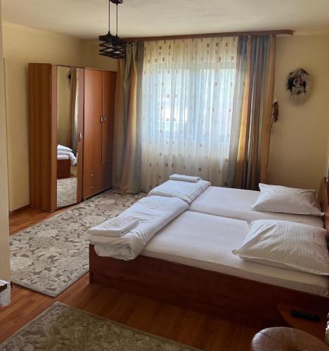 a bedroom with a large bed and a large window at Pension Bud in Onceşti