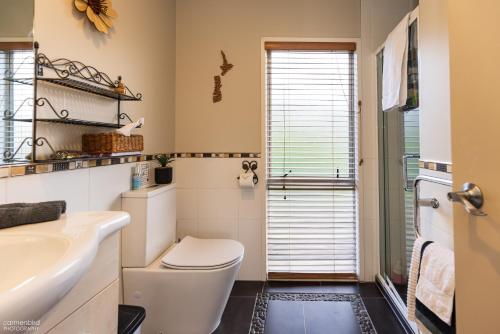 a bathroom with a toilet and a sink at Funky Beach House with sea and country views in Orewa