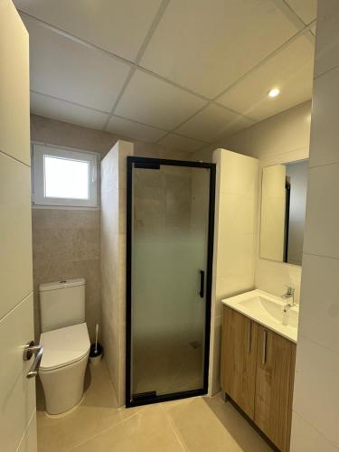 a bathroom with a shower and a toilet and a sink at Eucaliptus in Camarles