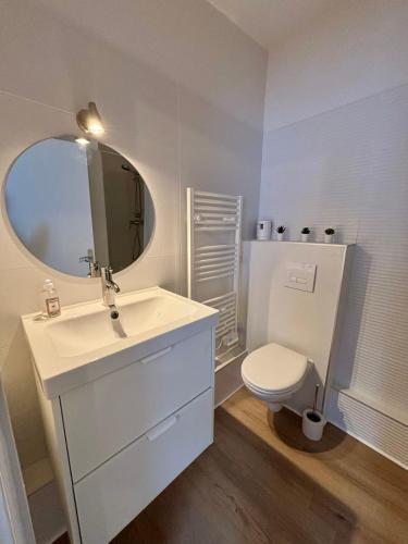 une salle de bain avec un lavabo, des toilettes et un miroir dans l'établissement Casa Bondy - Studio - Coeur de ville de Brive, à Brive-la-Gaillarde