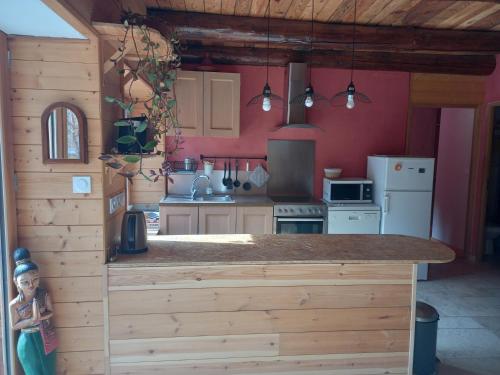 une cuisine avec un grand îlot en bois au milieu dans l'établissement Eco Gîte du Mandala à Prads, à Prads-Haute-Bléone
