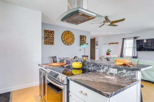 a kitchen with a counter top and a stove at Steps to Short Sand Beach Retreat with Game Room! in York