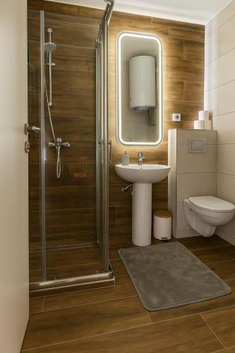 VrnjciにあるRose casa apartments Vrnjacka Banjaのシャワー、洗面台、トイレ付きのバスルーム