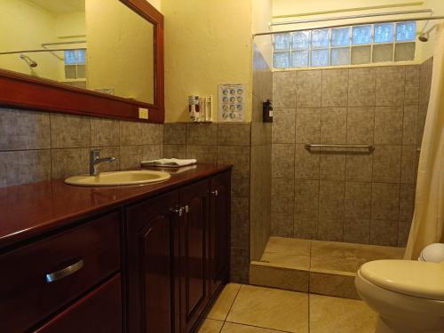 a bathroom with a shower and a sink and a toilet at Banana Bay Marina in Golfito