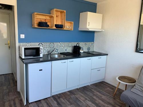une petite cuisine avec un évier et un micro-ondes dans l'établissement Appartement aux Sablettes, vue mer, plages en bas de la résidence, à La Seyne-sur-Mer