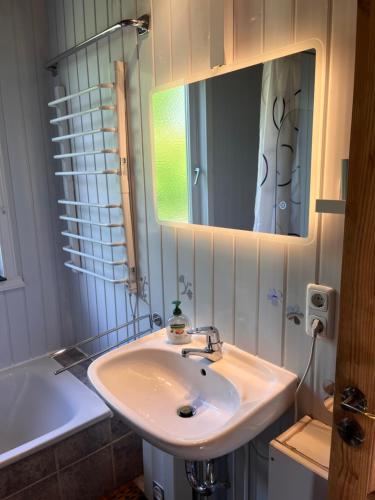 a bathroom with a sink and a mirror and a tub at Ferienhaus Vita in Extertal
