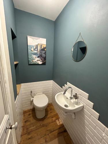 a bathroom with a toilet and a sink and a mirror at Le Merlin in Saint-Martin-aux-Buneaux