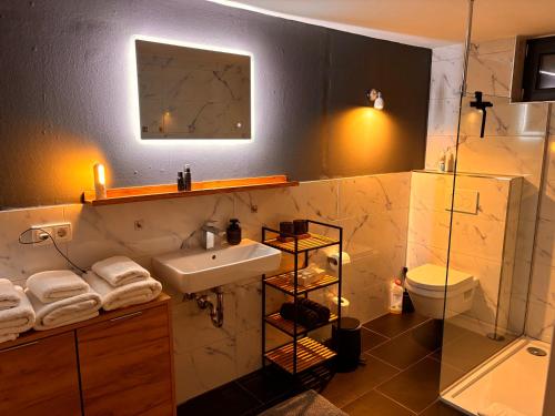 a bathroom with a sink and a toilet at Schönes Zimmer mit Küche und Bad im Taunus in Waldsolms