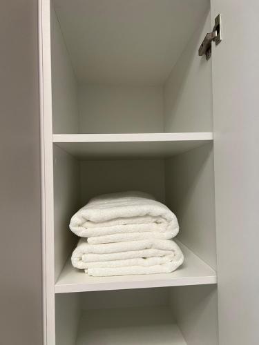 a group of towels are sitting in a closet at City Nest Apartament in Rădăuţi