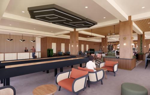 a rendering of a hotel lobby with a pool table at The Printing House Hotel, Tapestry Collection By Hilton in Nashville
