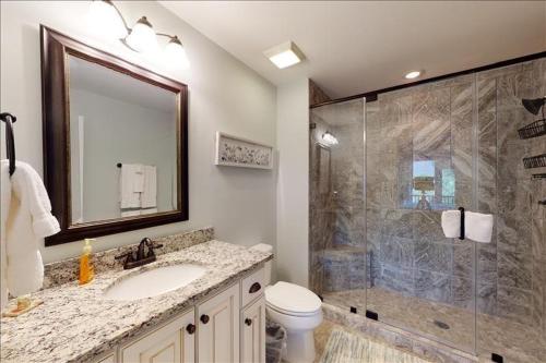 a bathroom with a shower and a sink and a toilet at Garden Cottage 10 in Jekyll Island