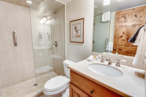 ein Badezimmer mit Toilette, Waschbecken und Dusche in der Unterkunft Top-Floor Condo Downtown with Stunning Views in Aspen
