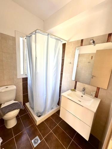 a bathroom with a toilet and a shower and a sink at Villa Georgia in Lourdata