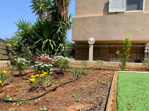 a garden with flowers in front of a building at Astali Villa in Stalida