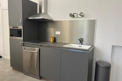 une petite cuisine avec un évier et une cuisinière dans l'établissement T2 cossu et calme en plein coeur d'Ajaccio, à Ajaccio