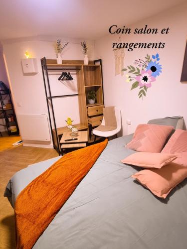 a bedroom with a large bed with pillows and a mirror at Golden Cottage Stade P Mauroy Lille in Villeneuve d'Ascq