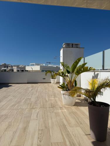 an empty room with potted plants on a roof at Condo with solarium in Laguna Beach Resort In Los Balcones in Torrevieja in Torrevieja