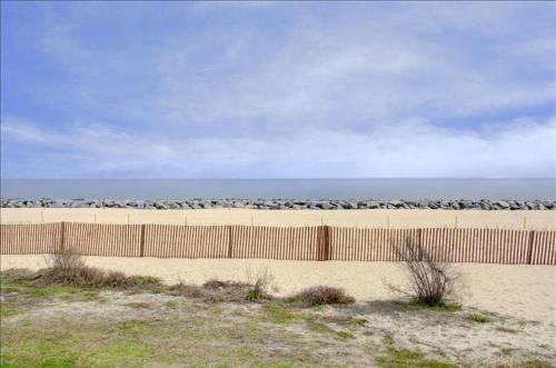 a fence on a beach with a flock of birds at Villa 131 in Jekyll Island