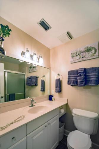 a bathroom with a sink and a toilet and a mirror at Villa 401 in Jekyll Island